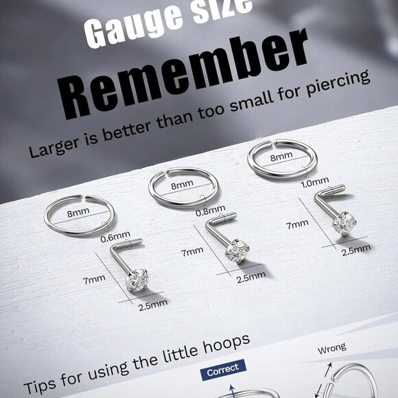 28PCS Stainless Steel Nose Rings Hoops Studs Hypoallergenic Jewelry Set - Picture 8 of 9